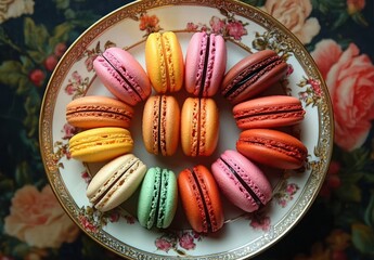 Fototapeta premium Colorful assortment of vibrant macarons arranged in a circular pattern on an ornate floral china plate with a dark floral backdrop, evoking a cheerful and elegant mood