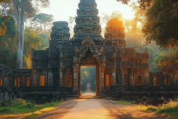 Ancient stone temple gate surrounded by lush green trees in warm sunlight during golden hour