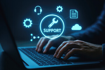 Person typing on laptop with glowing digital support icons and network connections technology computer