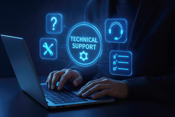 Person typing on laptop with technical support and AI icons displayed in blue neon IT support help desk
