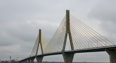 Obraz premium A modern cable-stayed bridge with yellow cables and concrete towers on a calm, gray day.