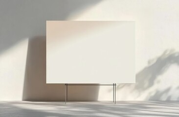 Blank white rectangular canvas on simple metal stand casting soft shadows against a textured white wall with light and shadow play creating a minimalistic and calm atmosphere