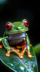 Fototapeta premium Close-up of a colorful green frog with bright red eyes and orange toes sitting on a wet green leaf against a dark background