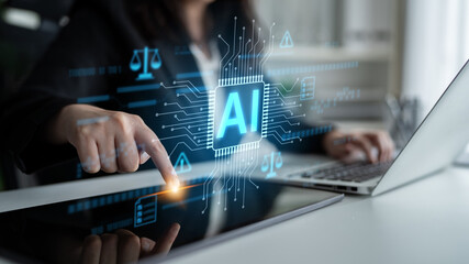 AI circuit microchip with glowing blue lines, surrounded by legal scales, warning symbols, data sheets, and binary codes, representing ethical AI, AI governance, and data integrity Latch