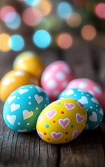 Fototapeta premium Colorful decorated Easter eggs with heart and polka dot patterns arranged on rustic wooden surface with blurred colorful light bokeh background, festive and cheerful mood