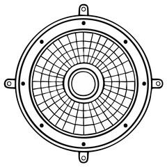 Circular metallic hatch with radial grid in black and white
