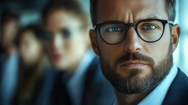 Focused young businessman with glasses and beard looking intently with blurred colleagues in background