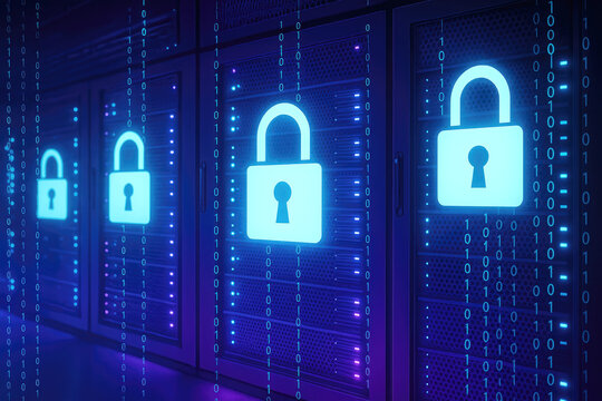 Rows of server racks with glowing padlock icons and binary code data center