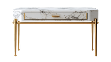 A modern console table featuring a marble top and gold metal legs, combining elegance and functionality for interior decoration.