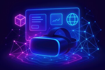 Virtual reality headset with neon glowing interface and digital network connections technology future