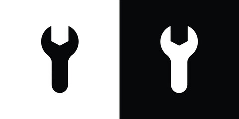 Wrench Silhouette Icon Set, Black Spanner Isolated on White and Black Background