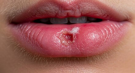 Obraz premium Close-Up of Chapped Lips with Cold Sore For medical sites, skincare blogs, and lip care product advertisements.
