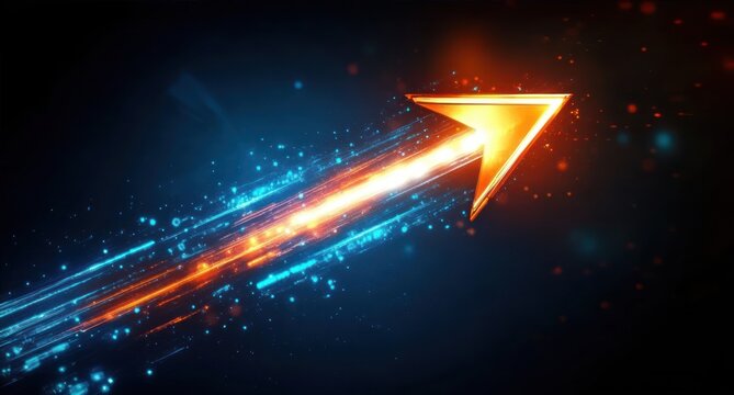 Bright glowing orange arrow pointing upward on a dark background with dynamic blue and orange light streaks conveying speed and progress - Powered by Adobe