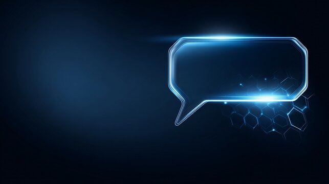 Digital assistant chatbot represented by glowing hexagonal patterns, futuristic artificial intelligence background with clean composition, stock photo style