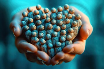 Two hands gently holding a cluster of wooden pegs shaped like a heart symbolizing unity and support