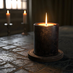 front view of dark candle lighting on dark surface
