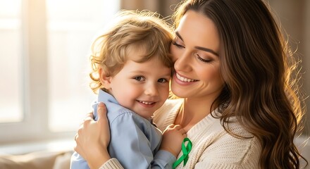 Mother and child embracing, wearing green ribbon for organ donation week