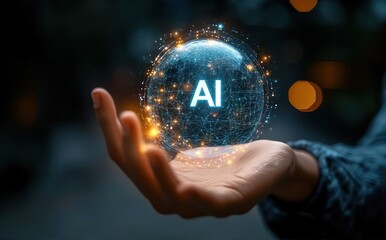 Human hand holding a glowing digital sphere with network connections and bright lights symbolizing artificial intelligence
