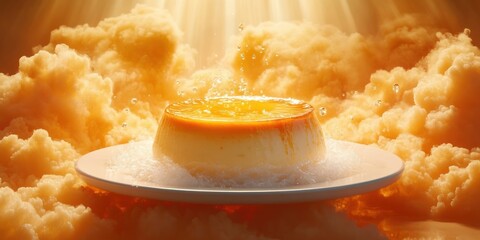 Caramel flan dessert surrounded by fluffy clouds bathed in warm golden sunlight with water droplets splashing on top