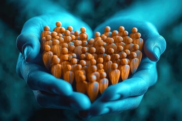 Hands cupping a group of small wooden figurines arranged closely together symbolizing unity and community
