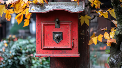 A close up of a red mailbox attached to a wooden post with yellow leaves around it in autumn season