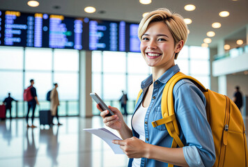 Female tourist with backpack checking flight information at airport