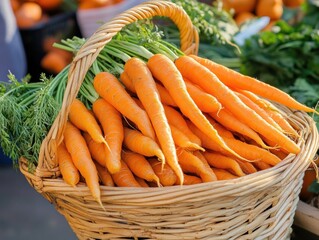 A basket overflowing with bright orange carrots at an outdoor farmer market