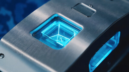 Futuristic metallic object with luminous blue geometric internal structure, highlighting cutting-edge technology.