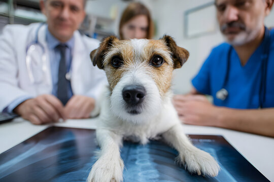 veterinary examination consultation with an X-ray. Dog Jack Russell terrier and owners and doctors hands on the table with computer.