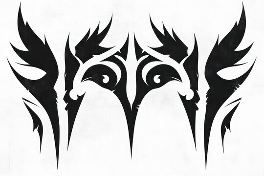 Abstract symmetrical black tribal tattoo design with sharp, wing-like and curved elements on white background, suggesting fierce and dynamic energy - Powered by Adobe