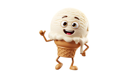 Fototapeta premium Happy cartoon ice cream cone character waving isolated on transparent background