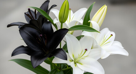 Naklejka premium Elegant arrangement of white lilies with green stems placed in a stylish vase for a floral decor centerpiece, ideal for any elegant event or home decoration.