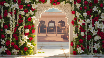 Luxurious Golden Sandstone Courtyard Arch Floral Backdrop with Marigolds, Roses, Bougainvillea, and Palace Wall Mural in Sunset Glow