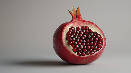 A close up of a pomegranate cut in half showing the seeds against a gray background studio shot