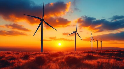 Row of wind turbines standing tall over a grassy hill during vibrant sunset with dramatic clouds and glowing sky