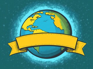 Illustration of planet Earth with highlighted continents and a large blank yellow banner across the middle set against a textured blue space background