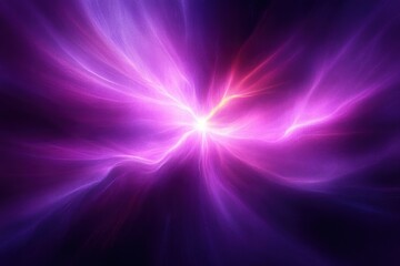 Abstract glowing purple and pink light explosion with swirling energy beams radiating from a bright central point against a dark background