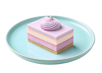 3D render photorealistic layered sponge cake with cream filling, pink and purple pastel frosting on glass plate, minimalist still life design with intricate details, png file isolated on transparent b