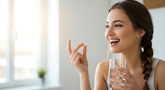 Happy woman taking vitamin supplement with water for healthy living