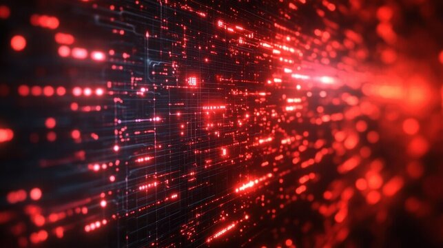 Abstract digital data stream with glowing red lights and circuit-like grid design conveying high-tech futuristic energy - Powered by Adobe