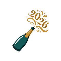 Popping Champagne Bottle with 2026 New Year Design on Transparent Backdrop