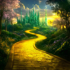 Magical fantasy landscape with yellow brick road leading to emerald city