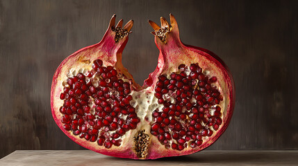 A halved pomegranate showcasing its vibrant red seeds against a textured gray background surface