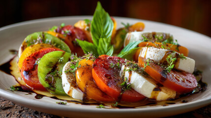 Colorful caprese salad with heirloom tomatoes and creamy mozzarella, served with basil in fresh forest tones.
