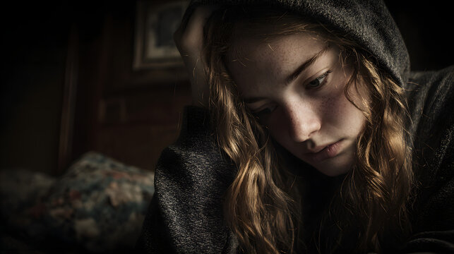 A somber image depicting teenage depression influenced by social media, showcasing a despondent adolescent grappling with self-harm and suicidal thoughts due to cyberbullying.