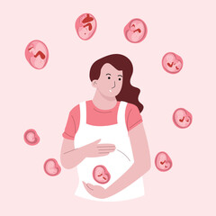 An illustration of a pregnant woman surrounded by floating fetuses representing the various stages of fetal development