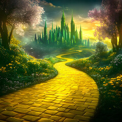 Magical fantasy landscape with yellow brick road leading to emerald city