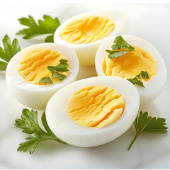 Sliced Boiled Eggs with Parsley Garnish on Plate