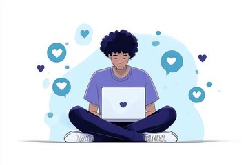 Young person sitting cross-legged using a laptop surrounded by floating heart icons conveying love and positive online interaction