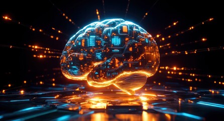 Glowing futuristic digital brain with circuit patterns illuminated in blue and orange light sparks representing advanced technology and artificial intelligence